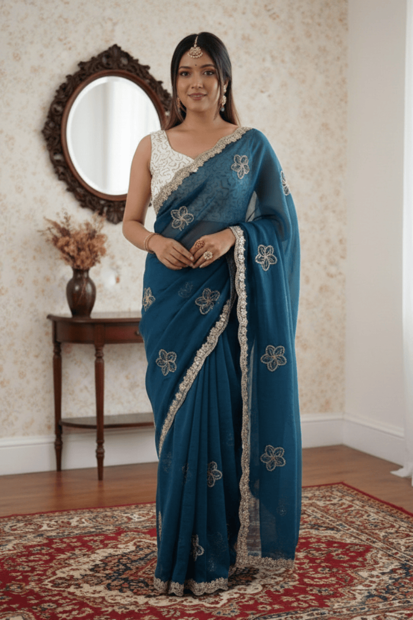 Blue Crunchy Silk Embroidery Saree