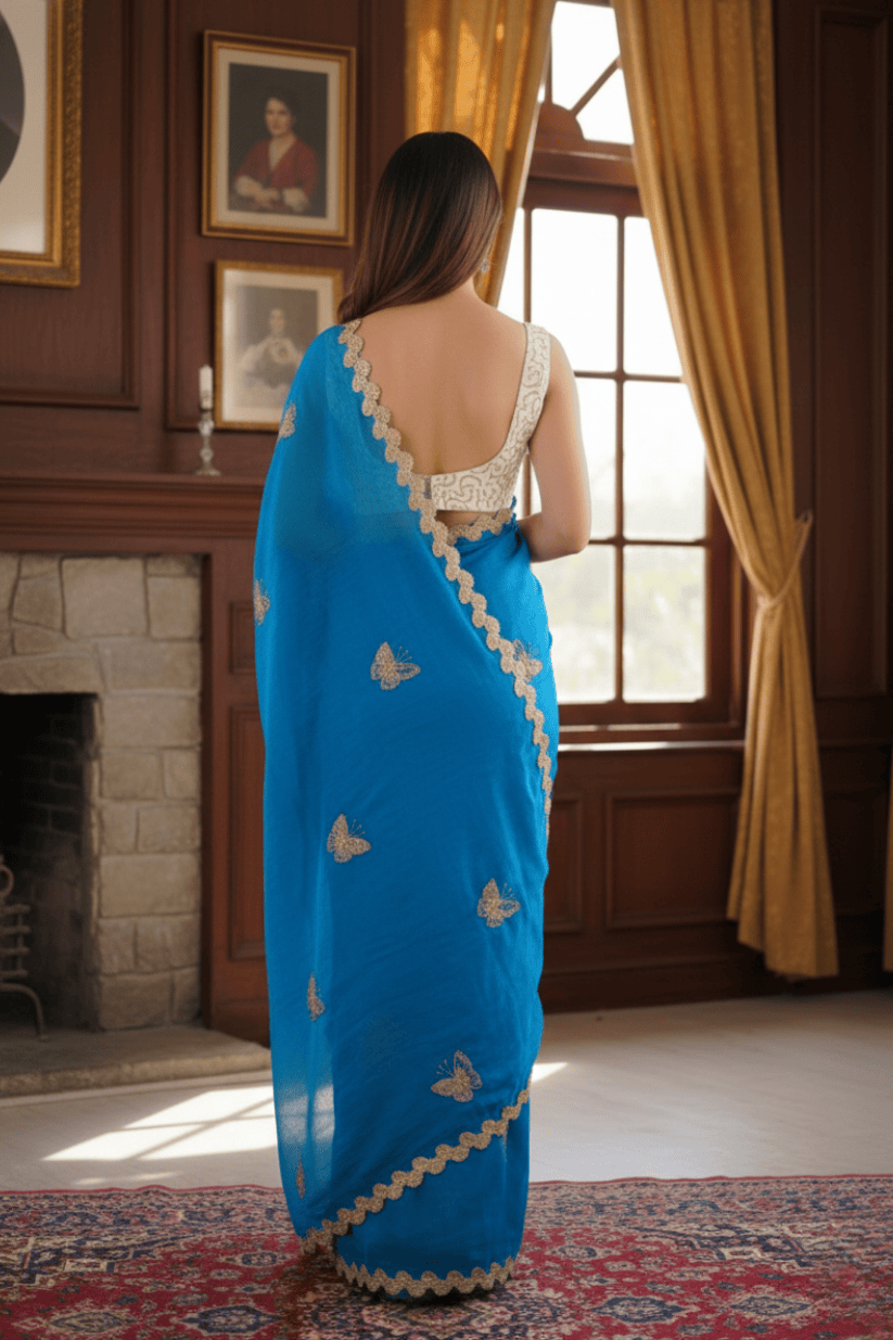 Blue Crunchy Silk Embroidery Saree