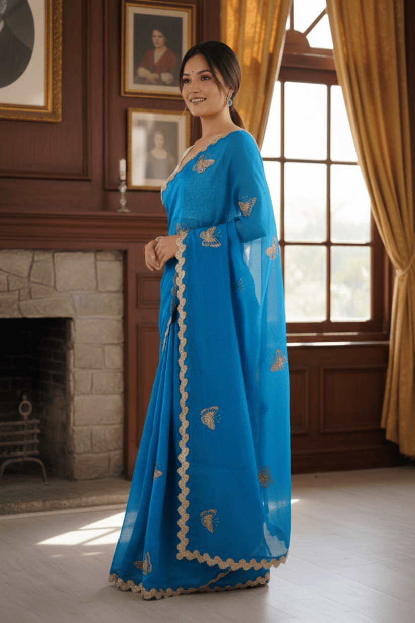 Blue Crunchy Silk Embroidery Saree