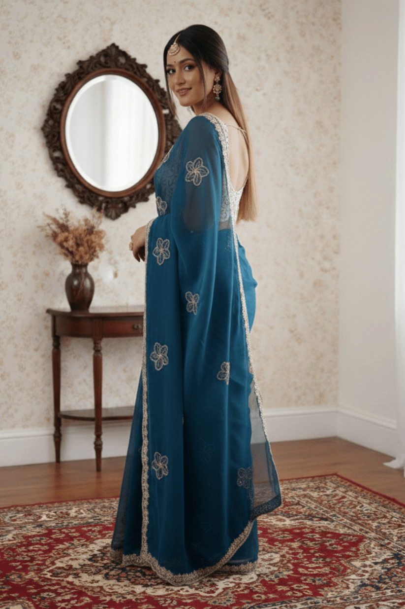 Blue Crunchy Silk Embroidery Saree