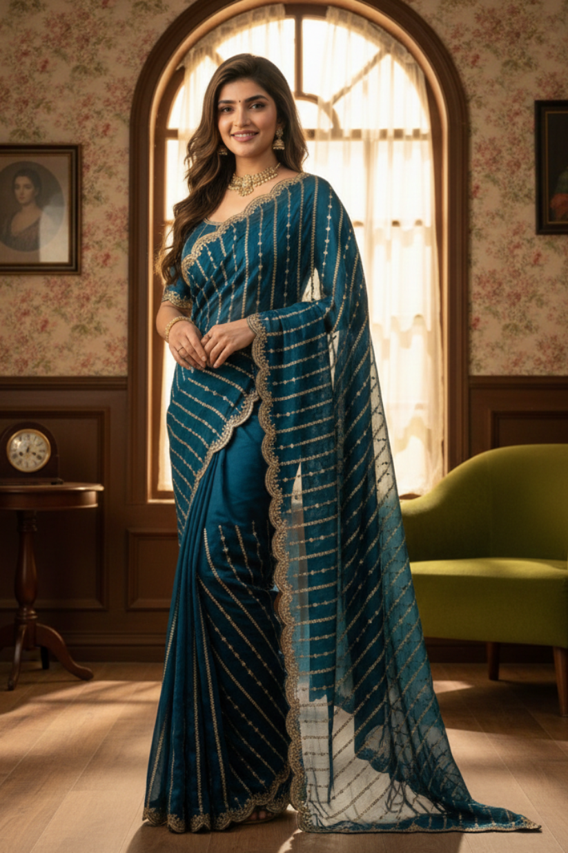 Blue Fendi Satin Embroidery Saree