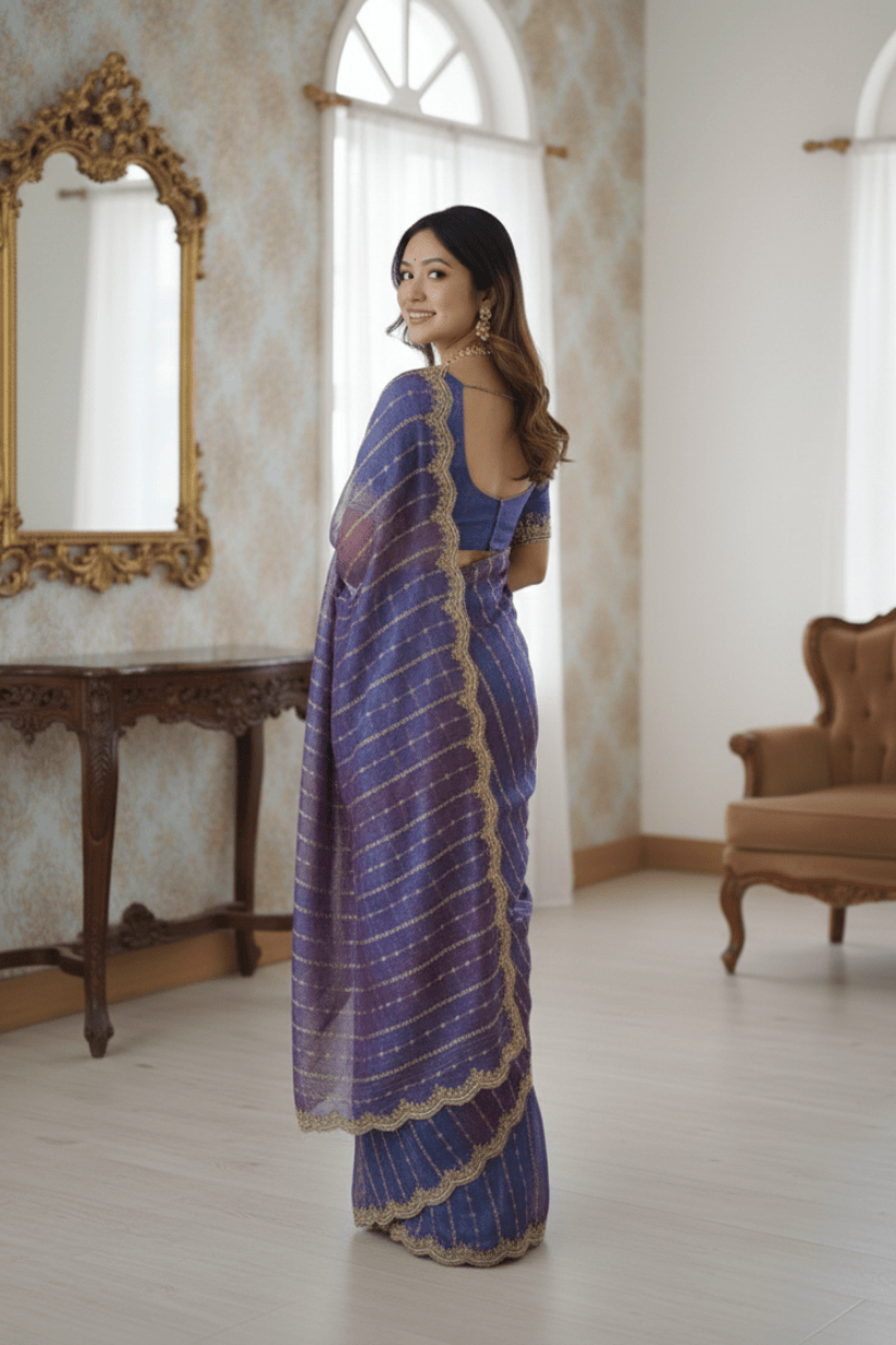 Blue Fendi Satin Embroidery Saree