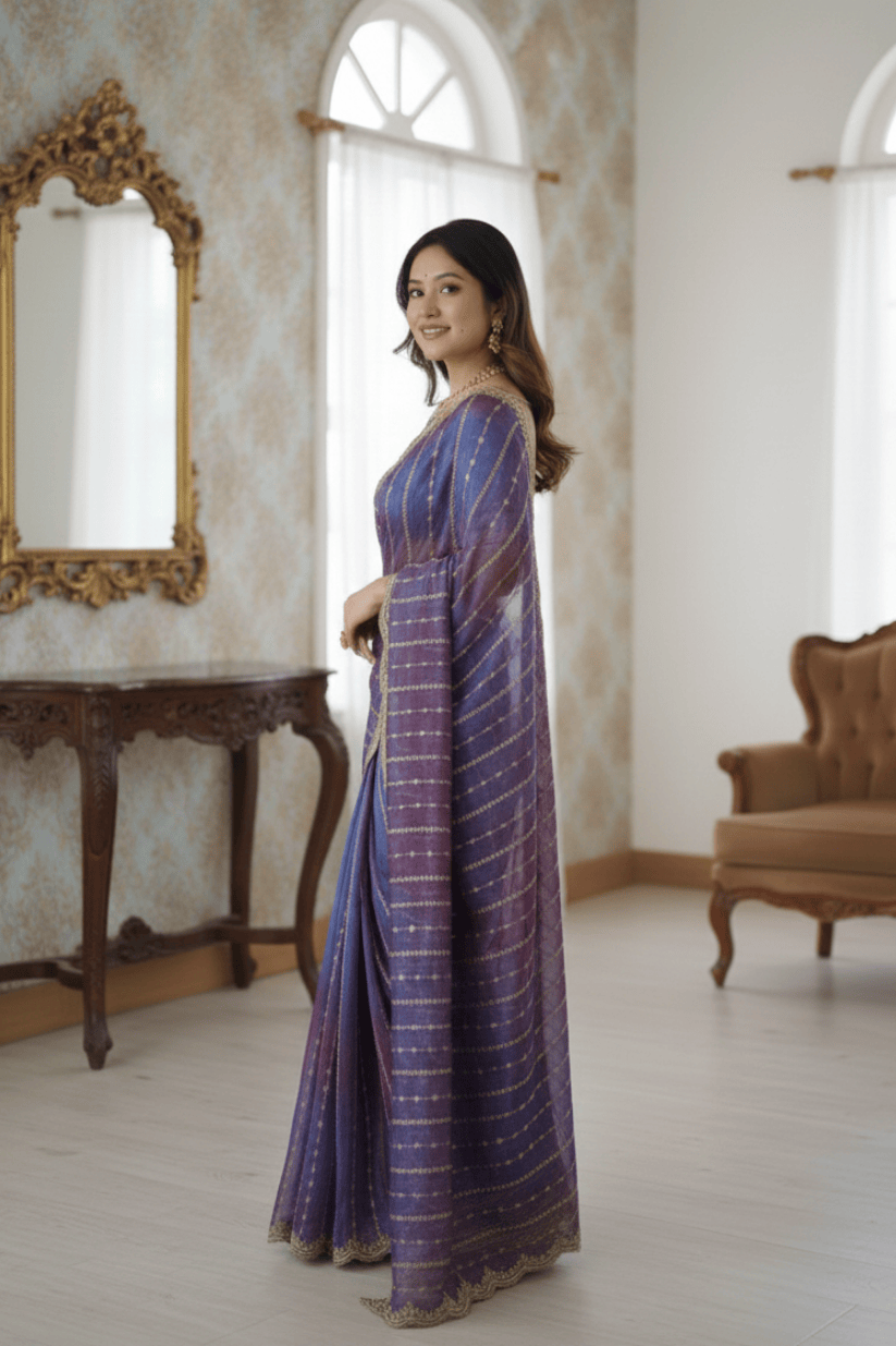 Blue Fendi Satin Embroidery Saree