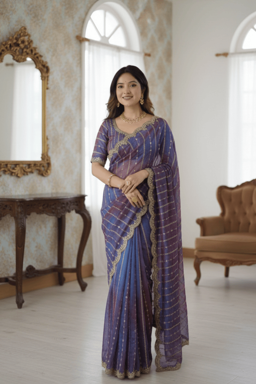 Blue Fendi Satin Embroidery Saree