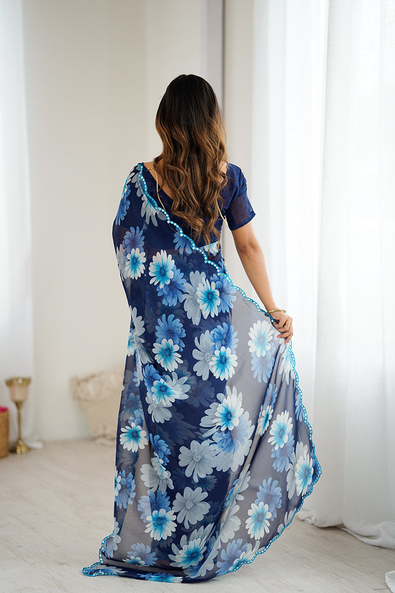 Blue Floral Printed Georgette Saree