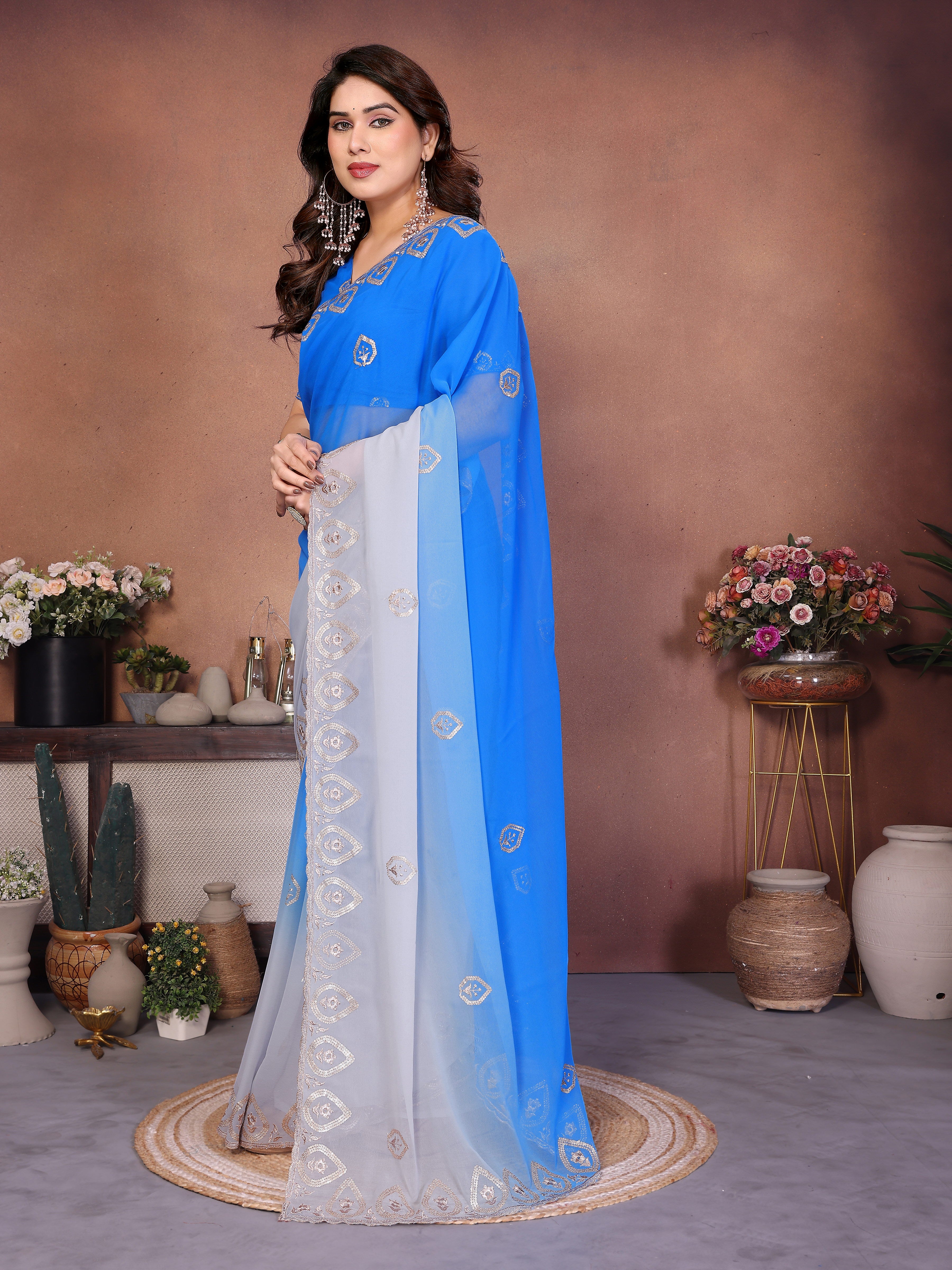 Blue Georgette Embroidered Saree