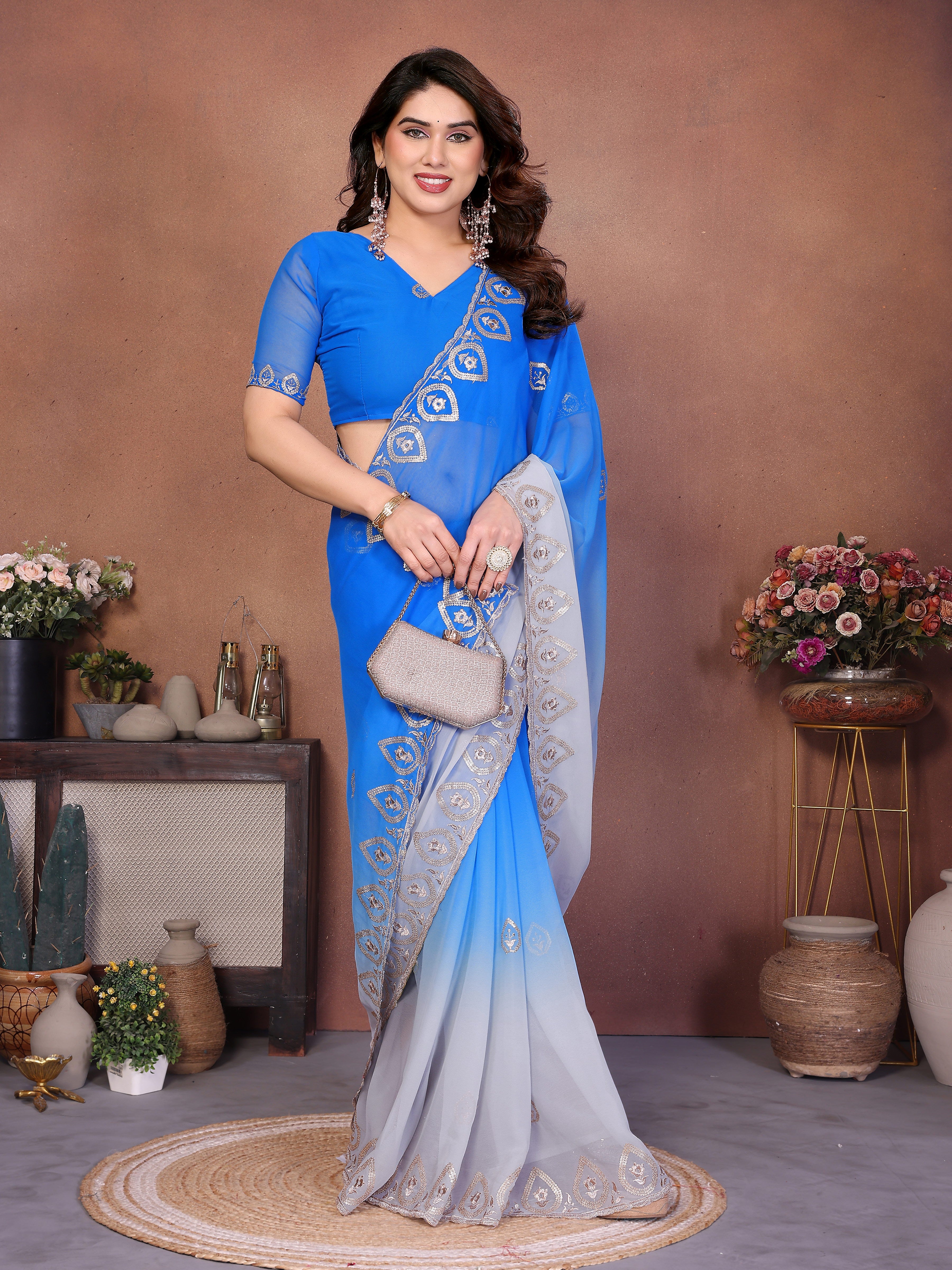 Blue Georgette Embroidered Saree