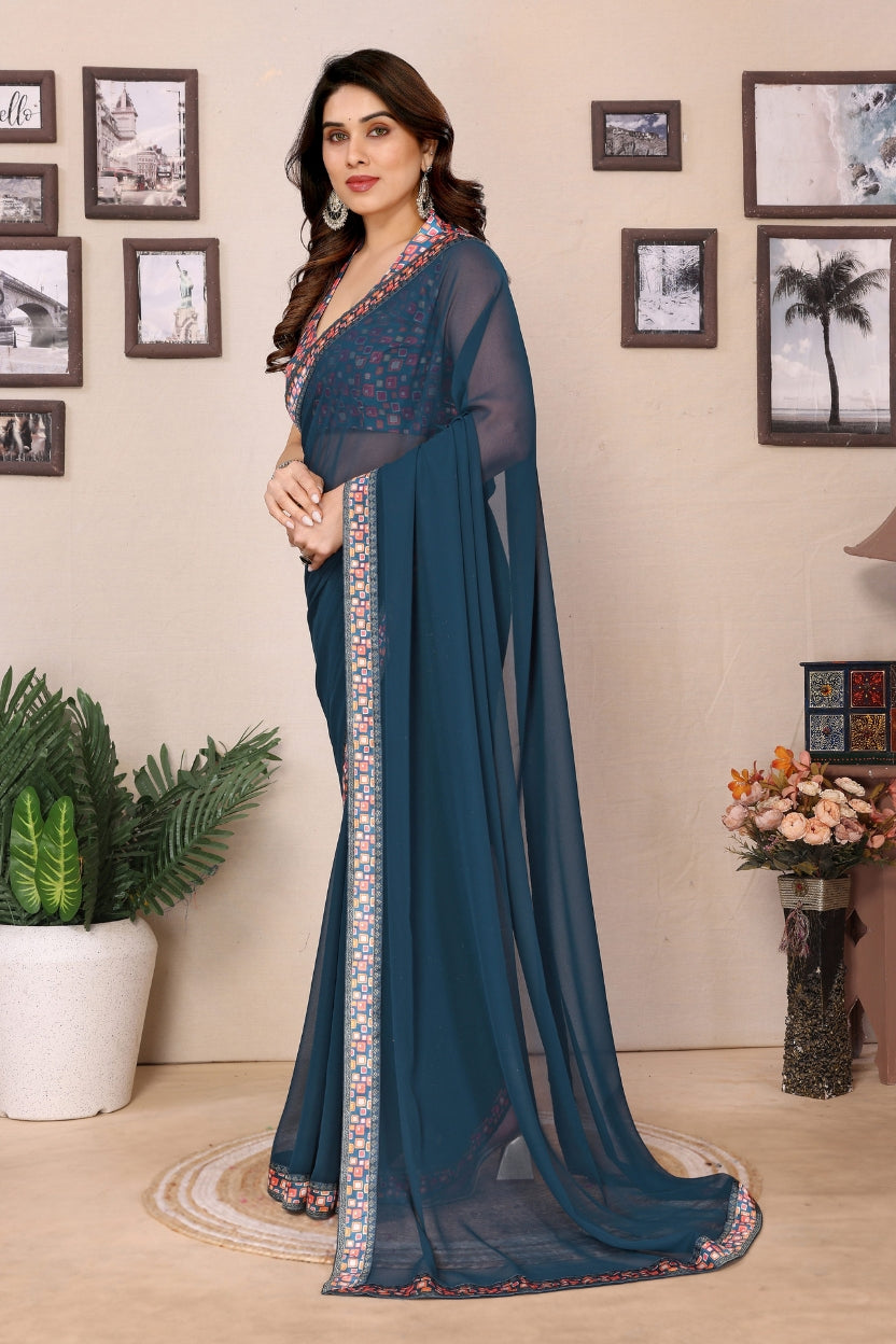 Blue Georgette Lace Border Saree