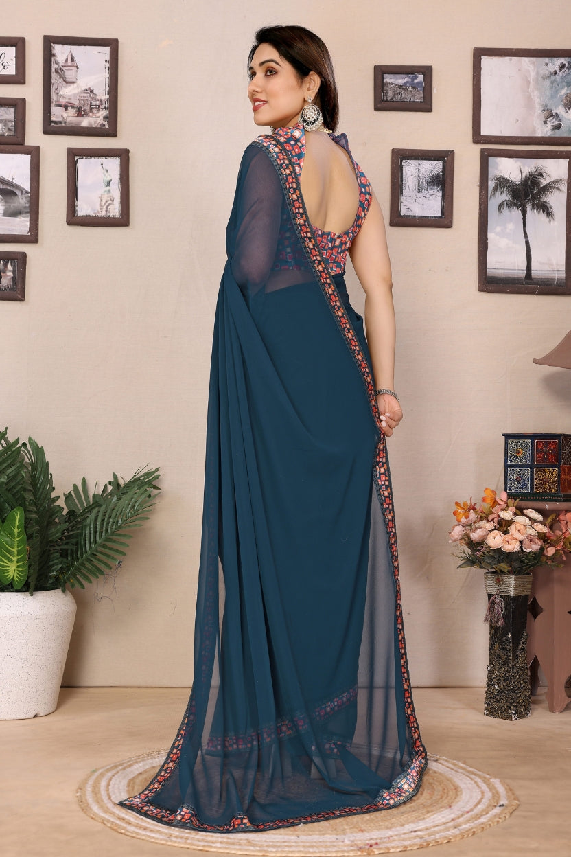 Blue Georgette Lace Border Saree