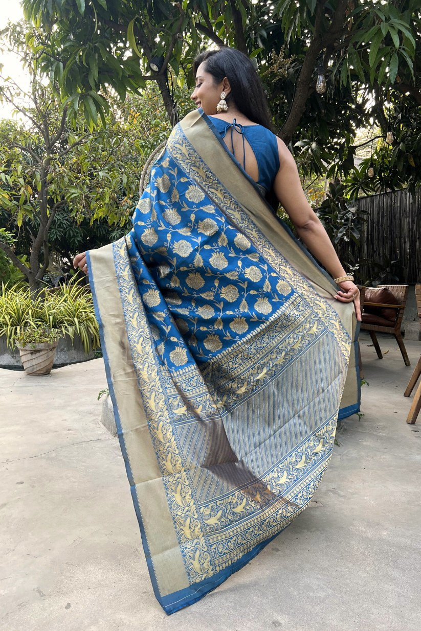 Blue Golden Zari Silk Blend Saree