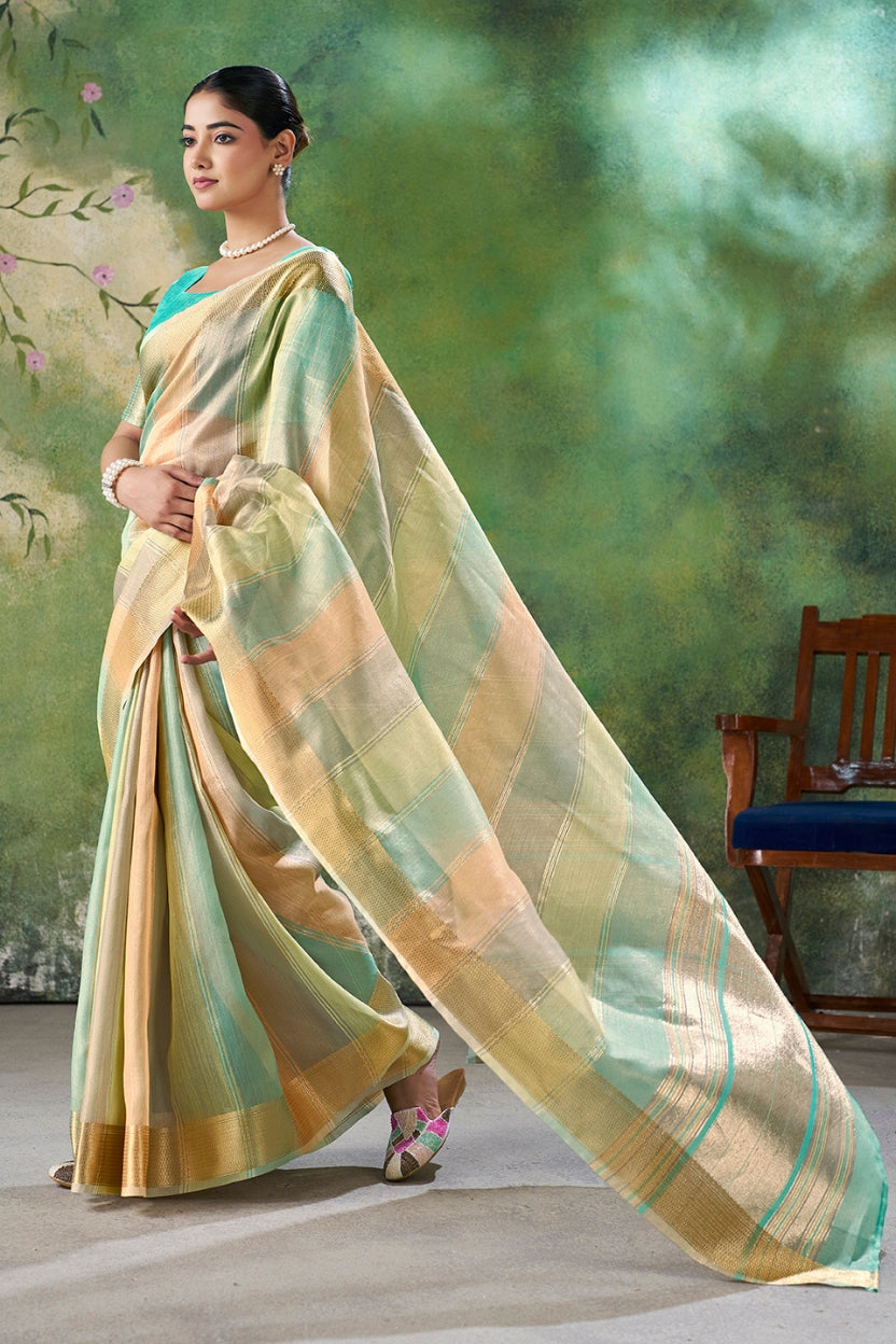 Blue Linen Cotton Zari Weaving Saree