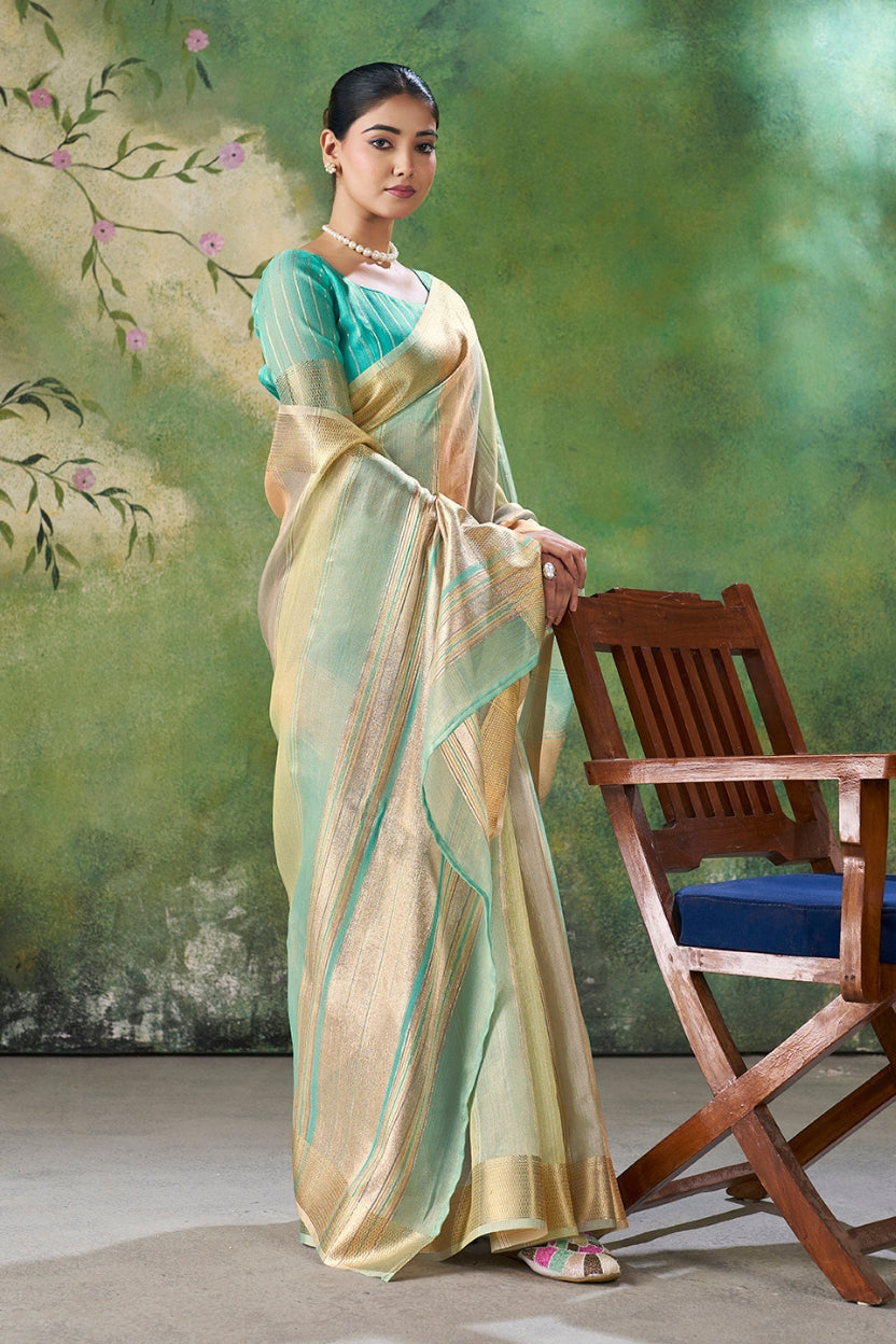 Blue Linen Cotton Zari Weaving Saree