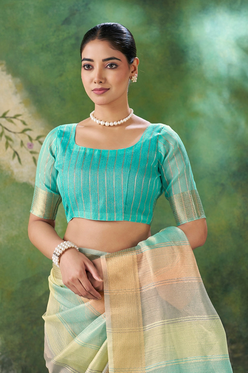 Blue Linen Cotton Zari Weaving Saree