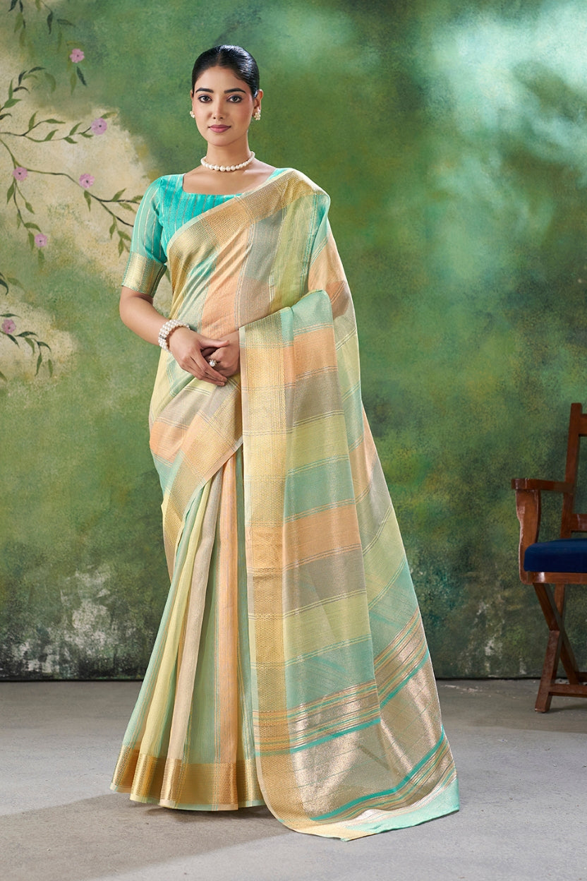 Blue Linen Cotton Zari Weaving Saree