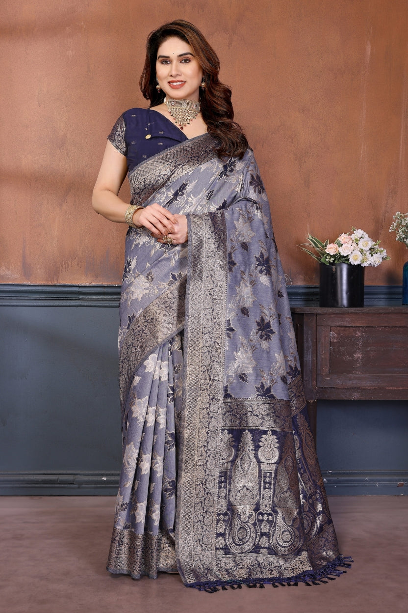 Blue Lotus Cotton Blend Jacquard Zari Saree