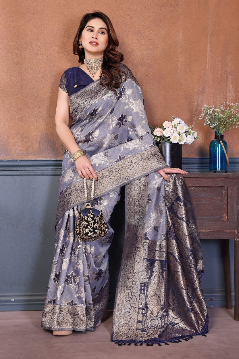 Blue Lotus Cotton Blend Jacquard Zari Saree