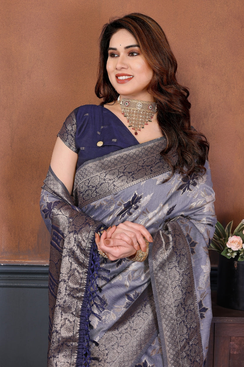 Blue Lotus Cotton Blend Jacquard Zari Saree