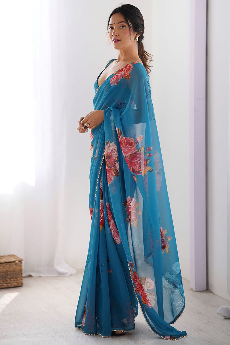 Blue Printed Georgette Lace Saree