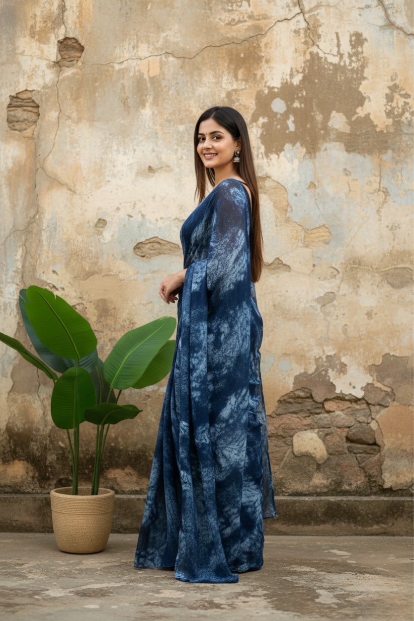 Blue Ready To Wear Marble Dyed Rangoli Silk Saree