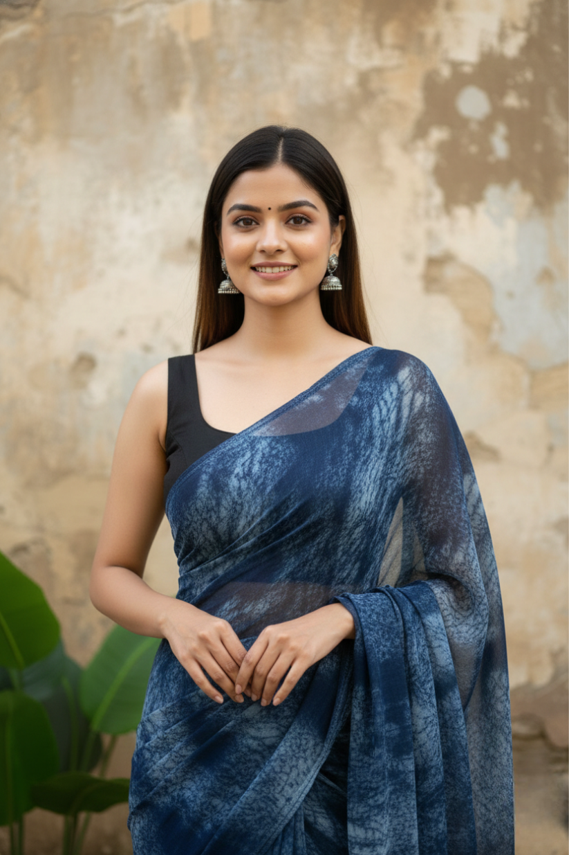 Blue Ready To Wear Marble Dyed Rangoli Silk Saree