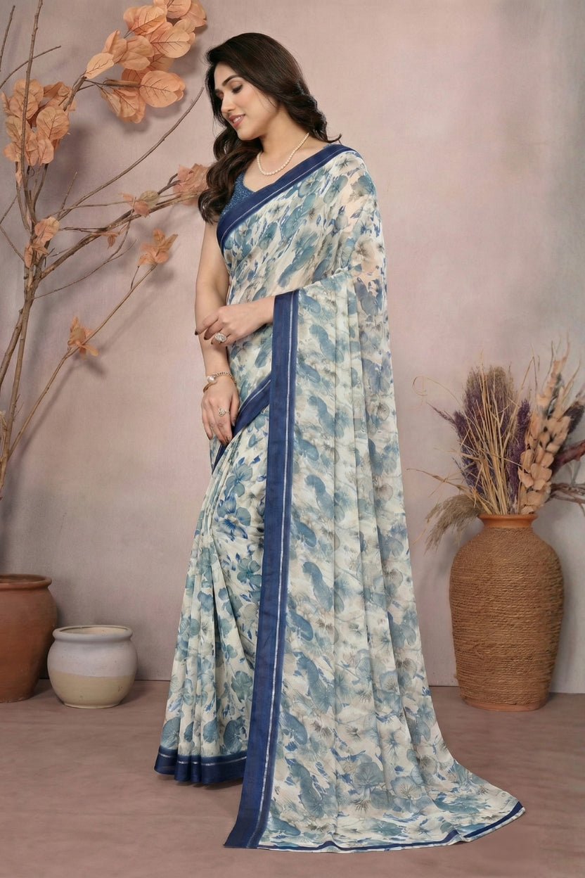 Blue Satin Printed Saree
