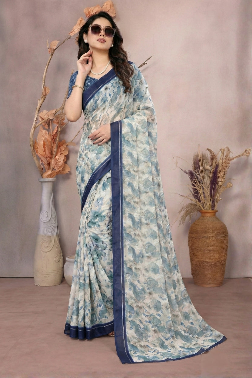 Blue Satin Printed Saree