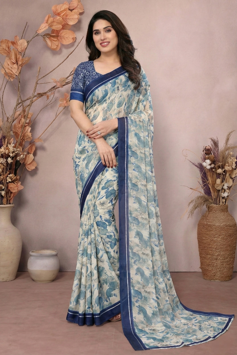 Blue Satin Printed Saree