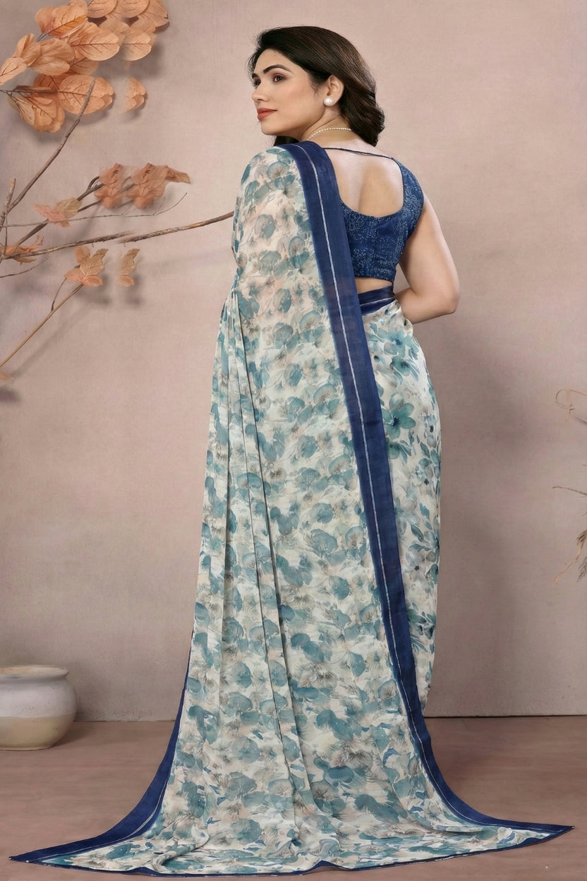 Blue Satin Printed Saree