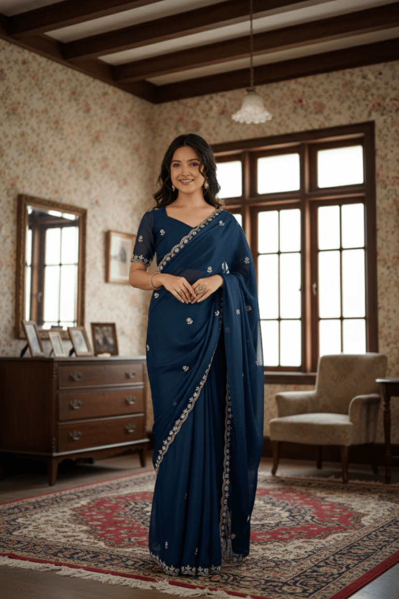 Blue Embroidered Georgette Lace Saree