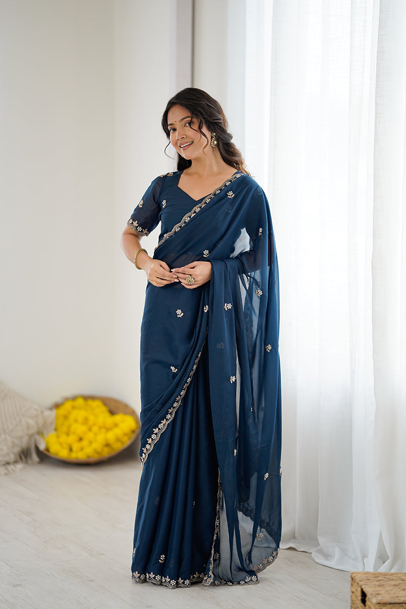 Blue Embroidered Georgette Lace Saree