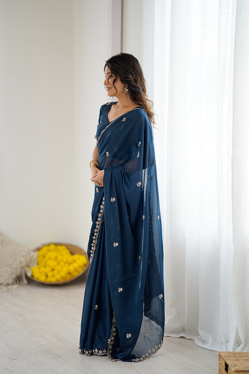 Blue Embroidered Georgette Lace Saree