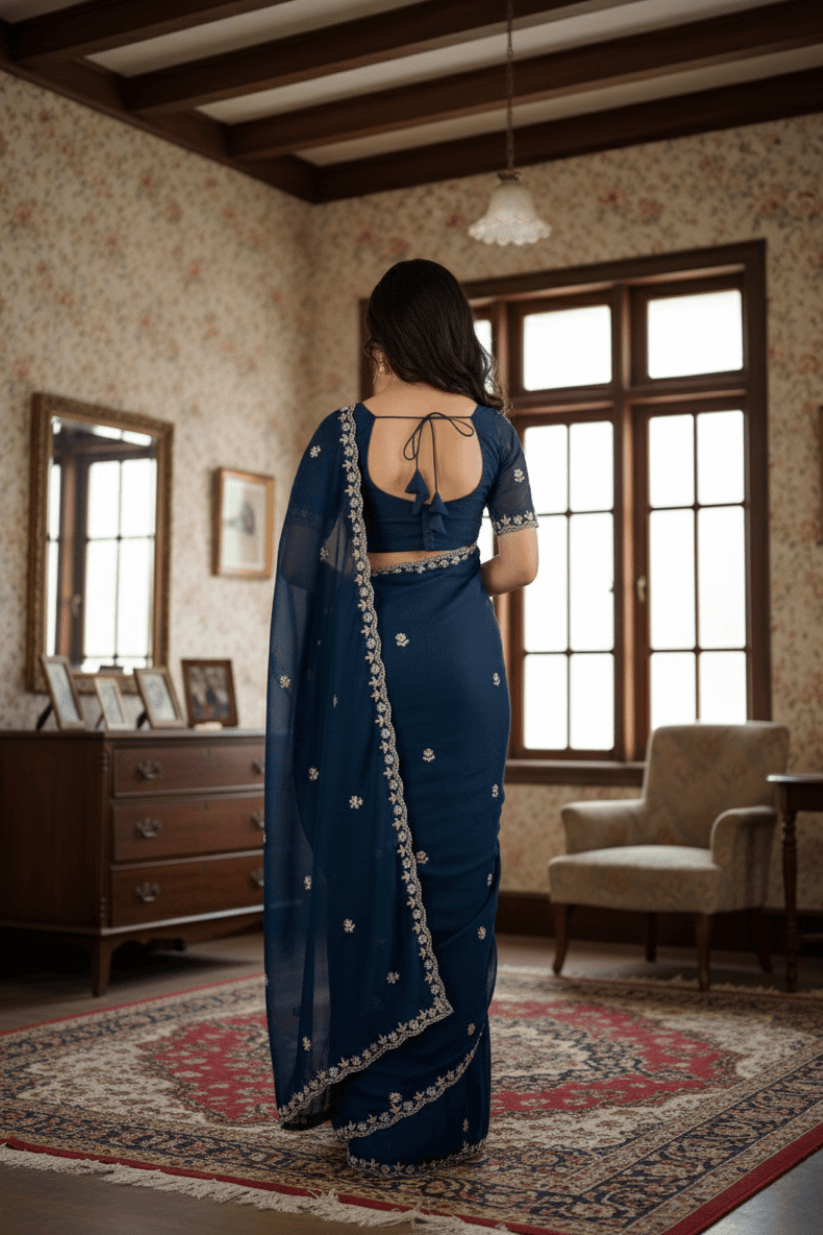 Blue Embroidered Georgette Lace Saree