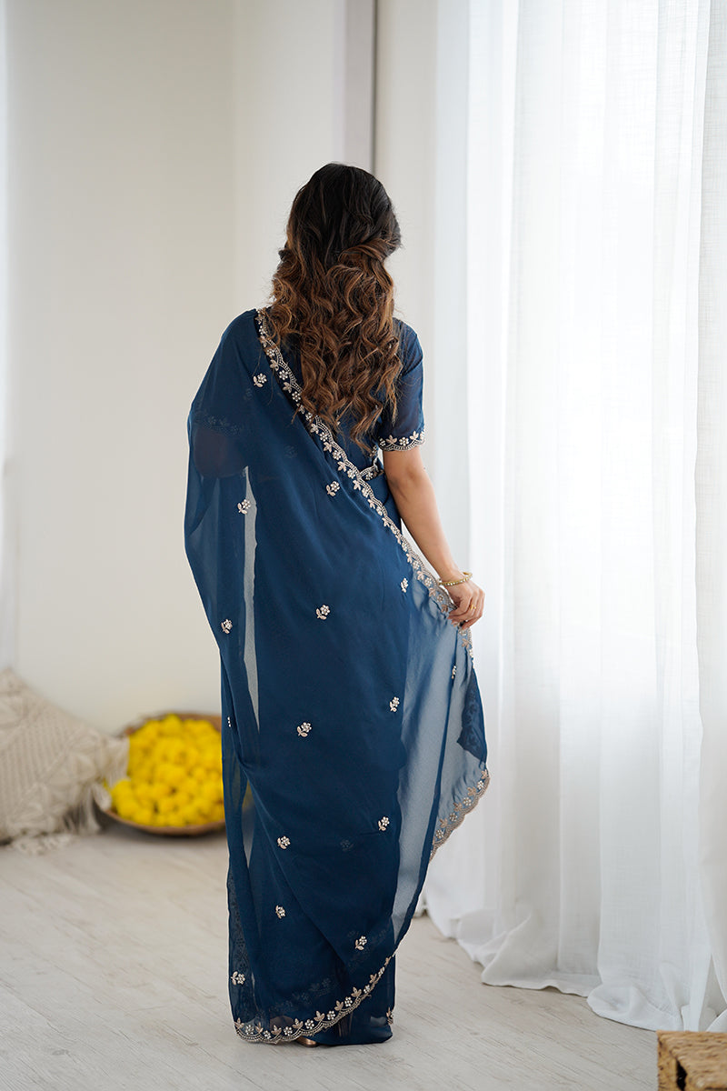 Blue Embroidered Georgette Lace Saree