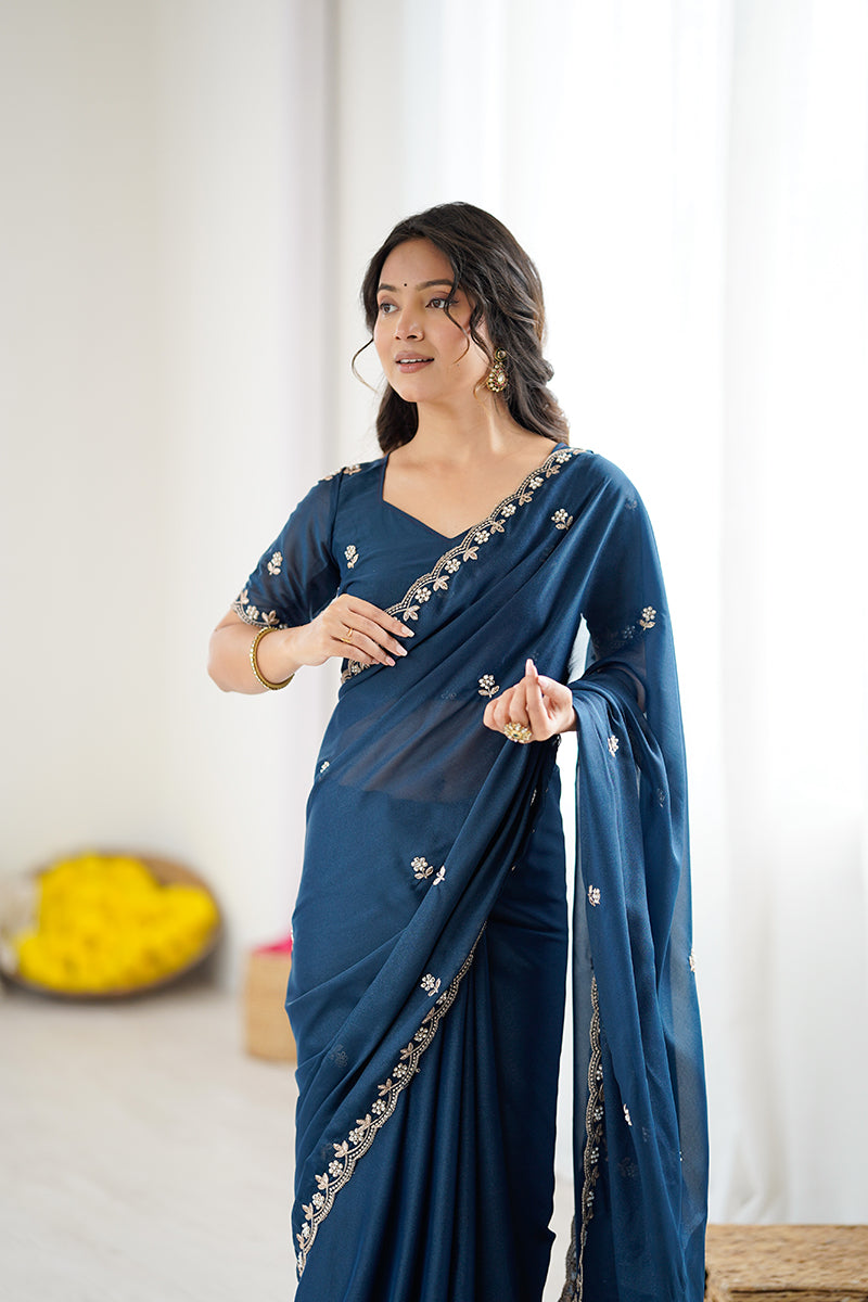 Blue Embroidered Georgette Lace Saree