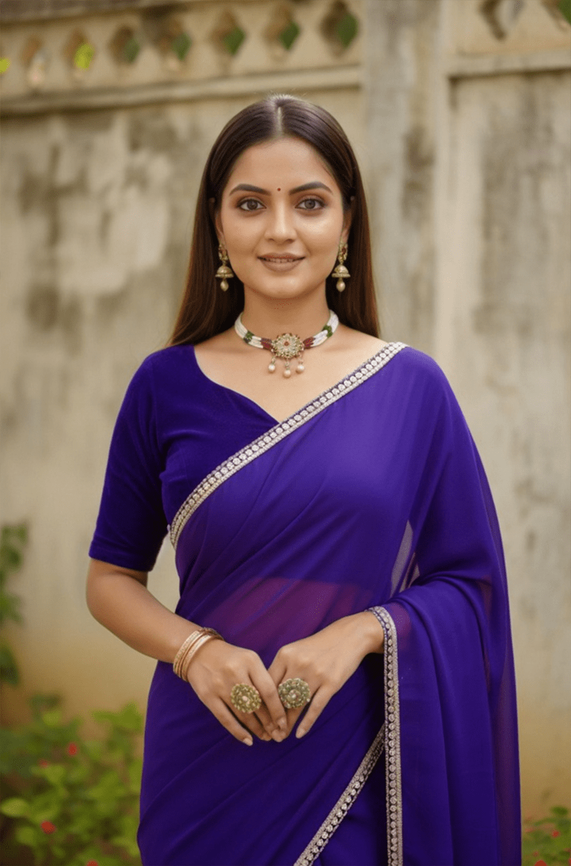 Royal Blue Mirror Lace Georgette Saree