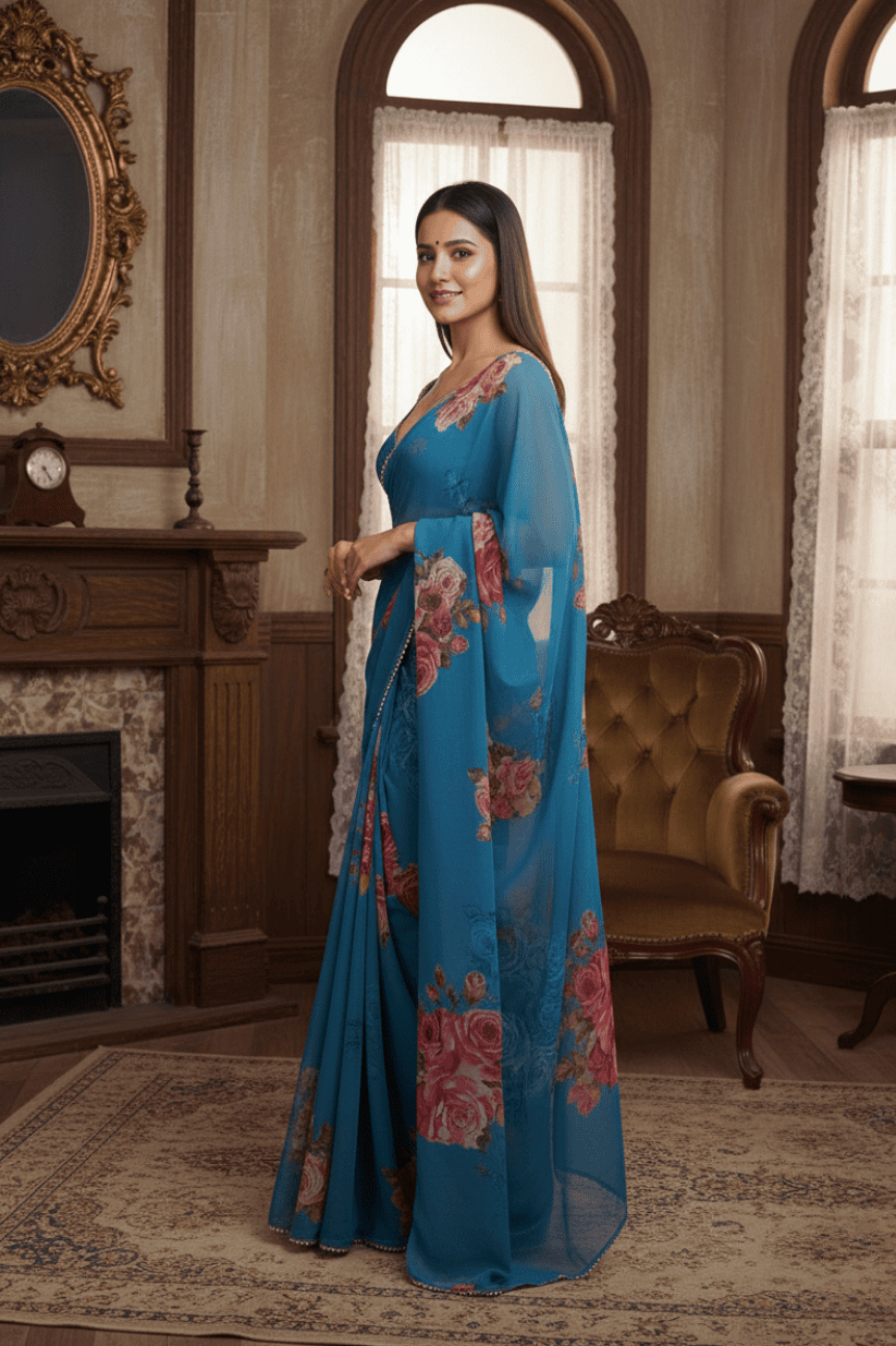 Blue Printed Georgette Lace Saree
