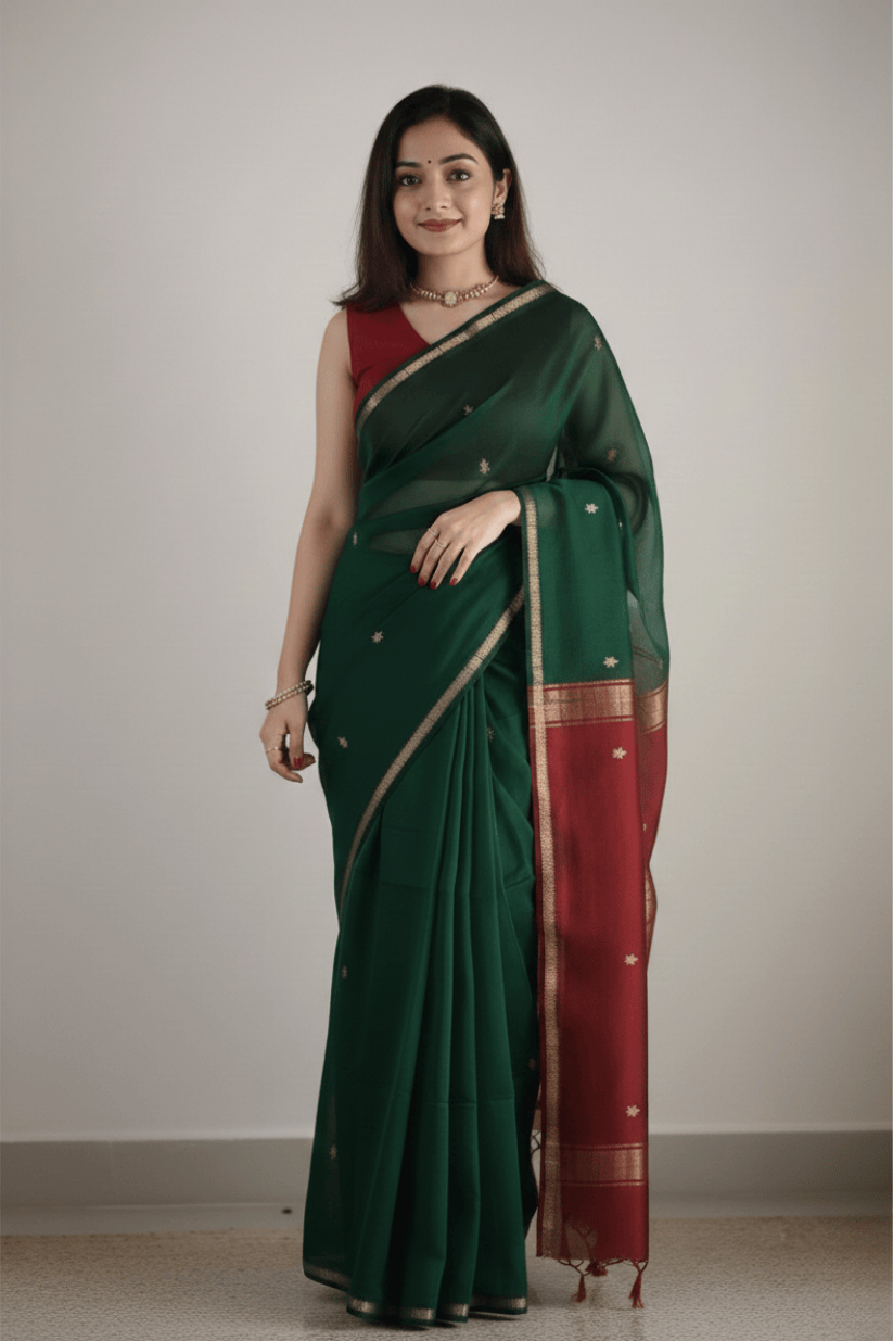 Bottle Green Cotton Silk Saree