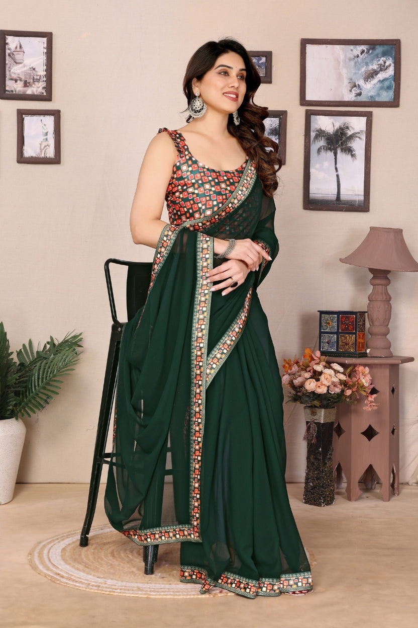 Bottle Green Georgette Lace Border Saree