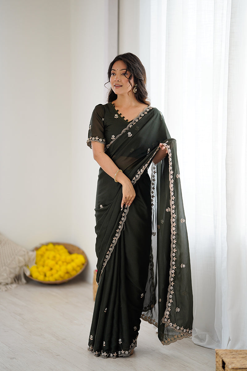 Bottle Green Embroidered Georgette Lace Saree