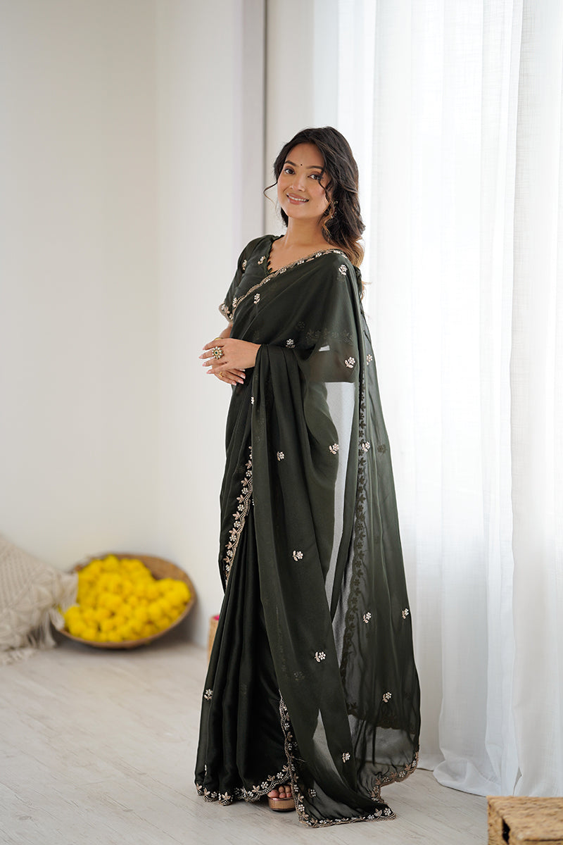 Bottle Green Embroidered Georgette Lace Saree