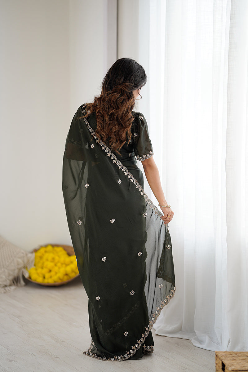 Bottle Green Embroidered Georgette Lace Saree