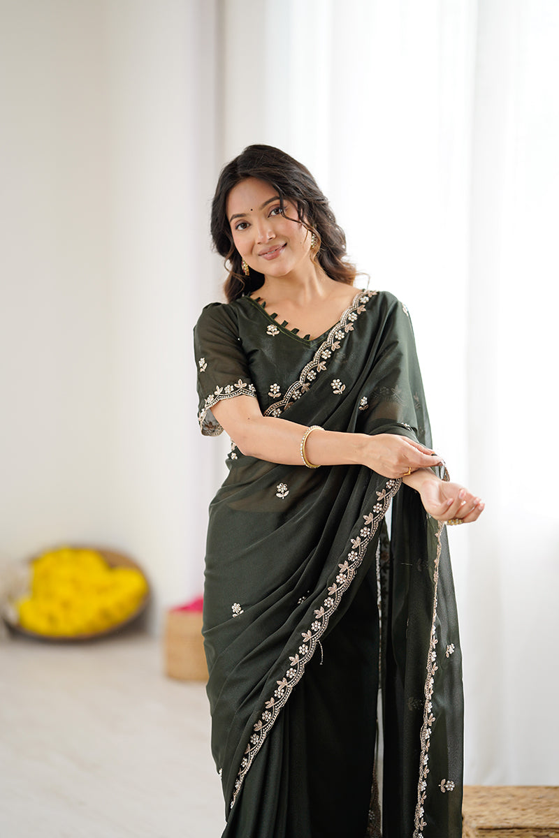 Bottle Green Embroidered Georgette Lace Saree
