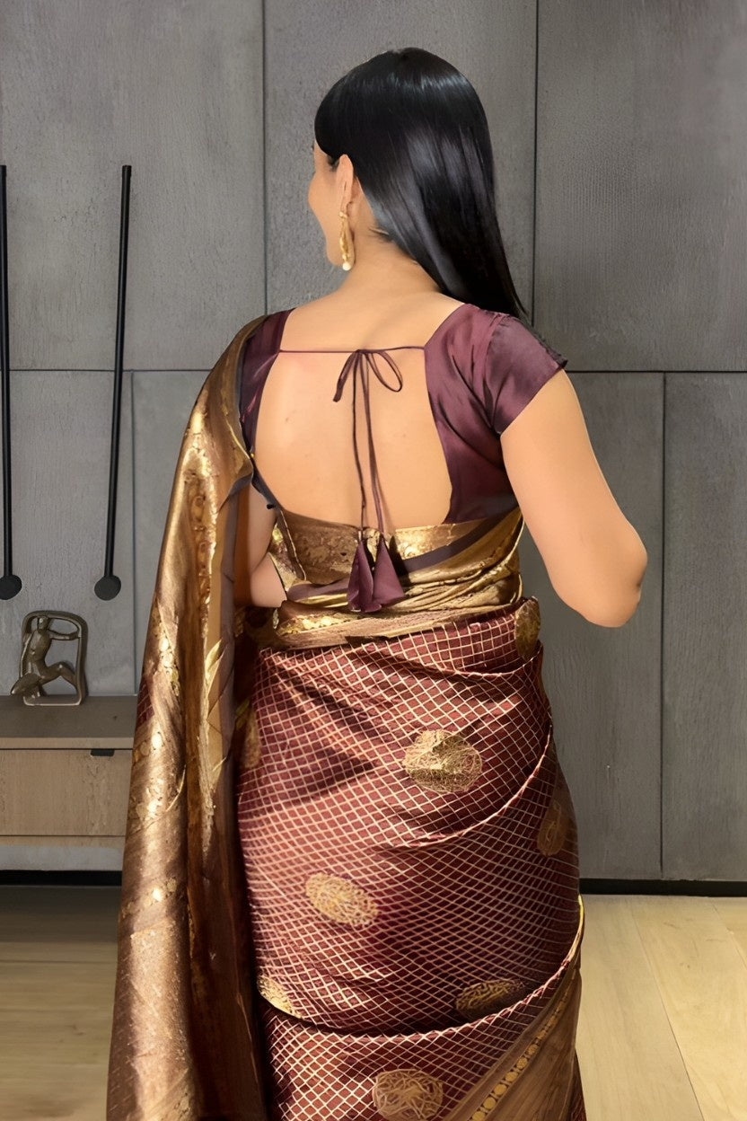 Brown Checkered Silk Blend Saree