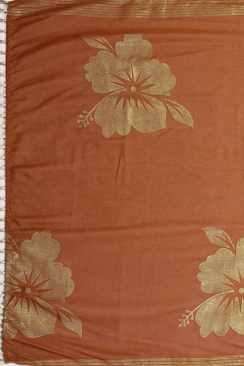 Brown Foil Printed Georgette Saree