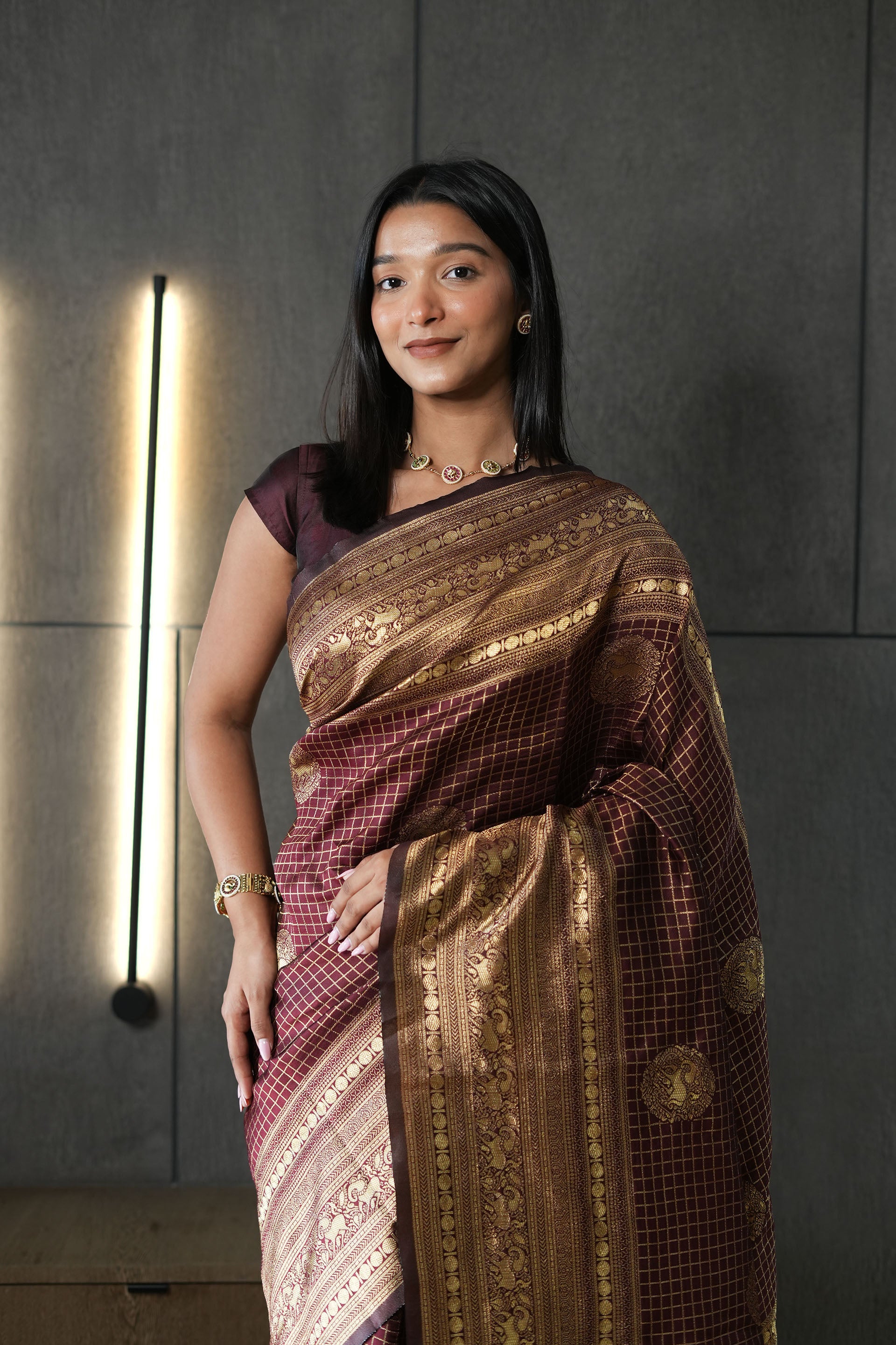 Brown Checkered Silk Blend Saree
