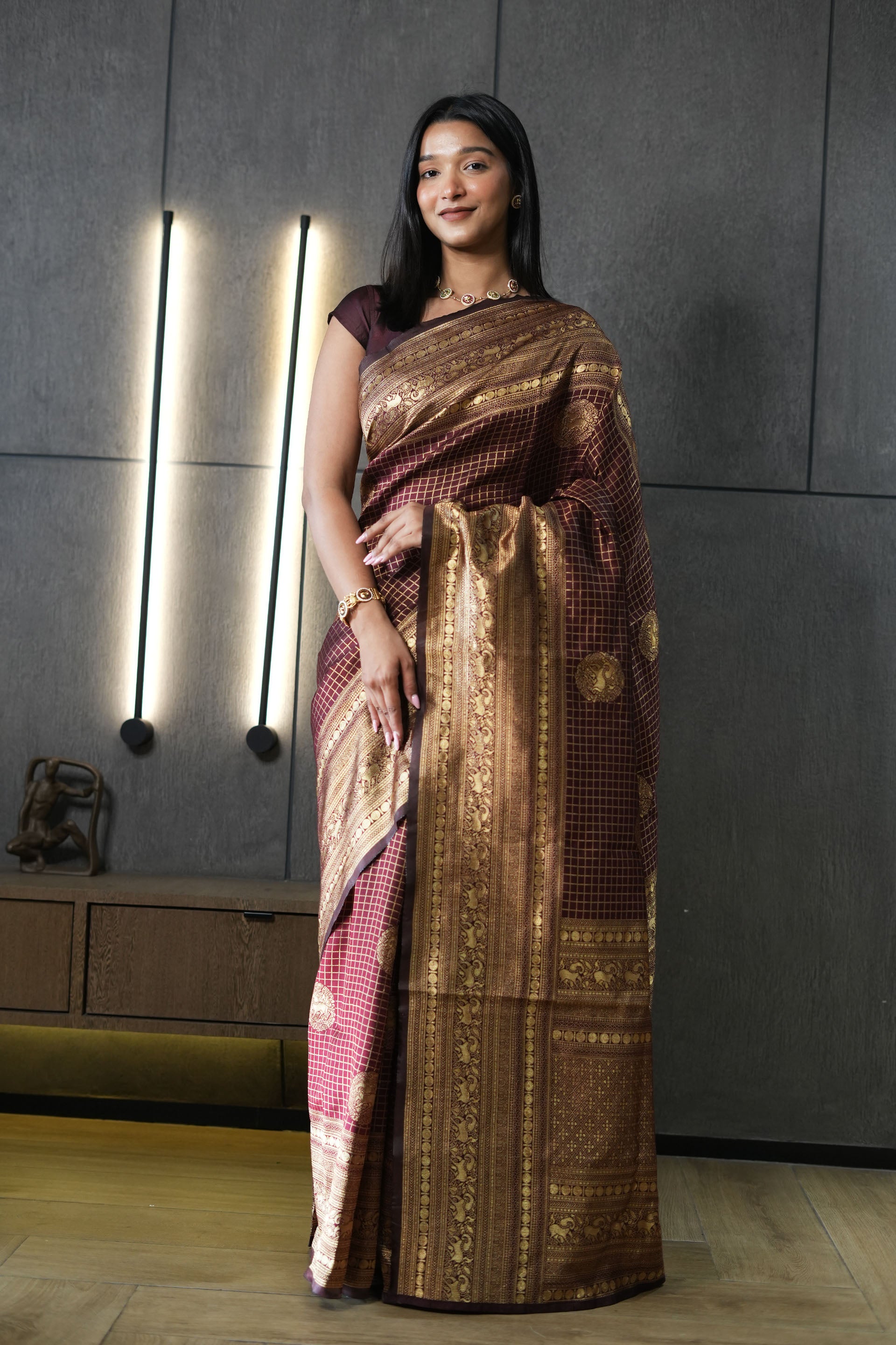Brown Checkered Silk Blend Saree
