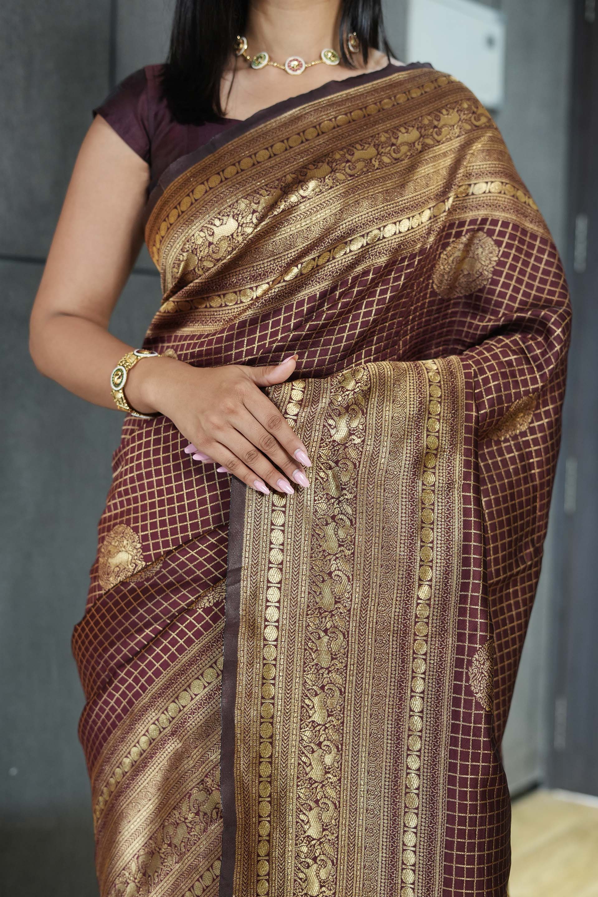 Brown Checkered Silk Blend Saree