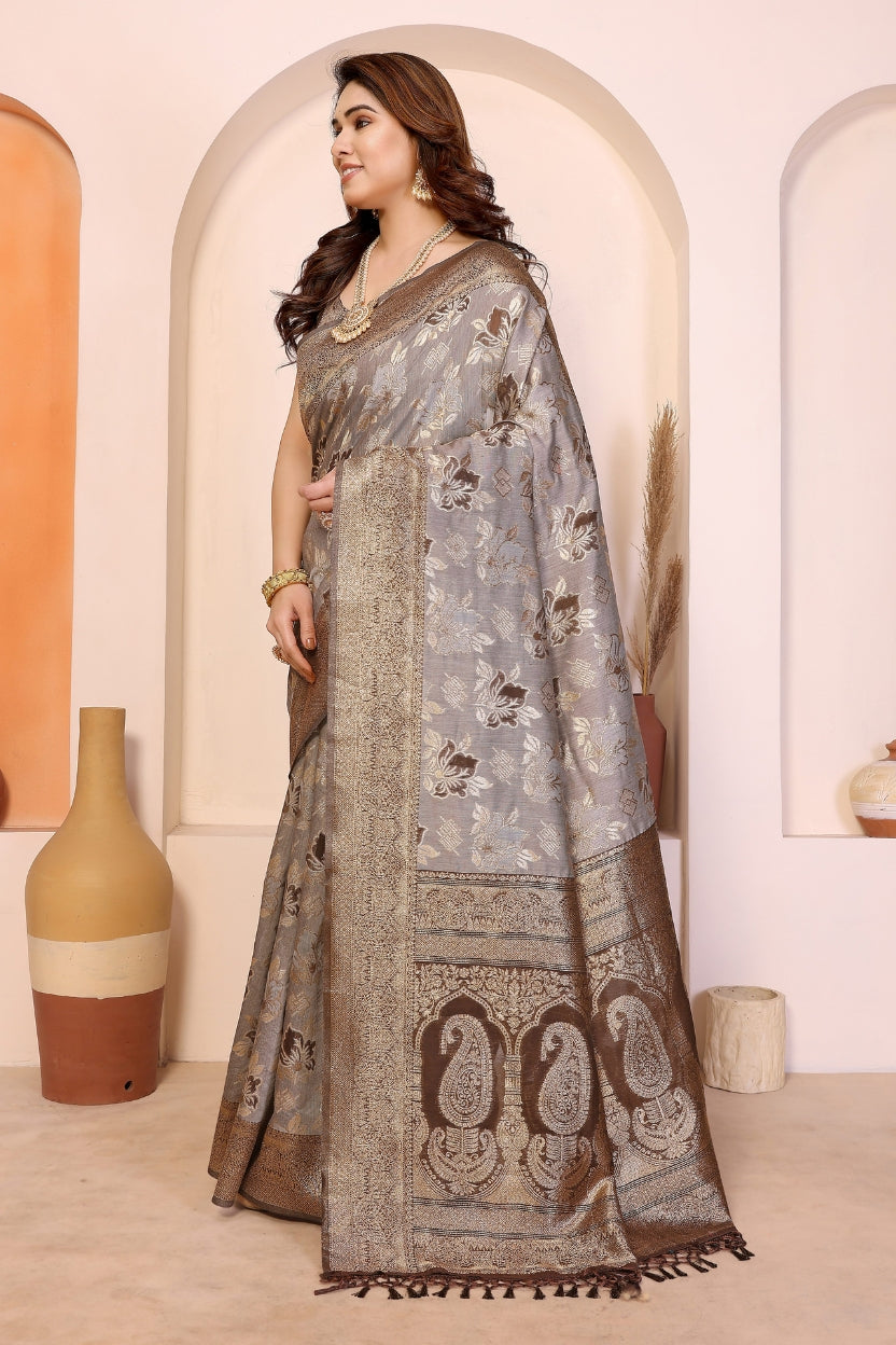 Brown Cotton Blend Jacquard Zari Saree