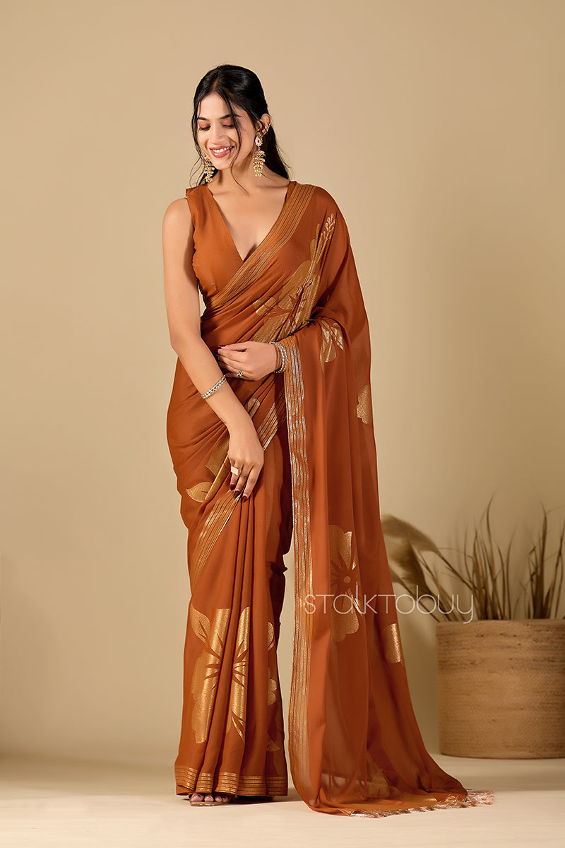 Brown Foil Printed Georgette Saree