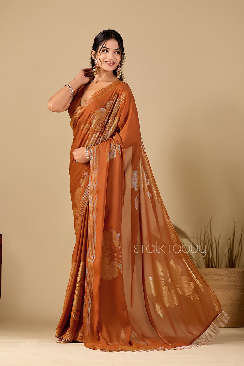 Brown Foil Printed Georgette Saree